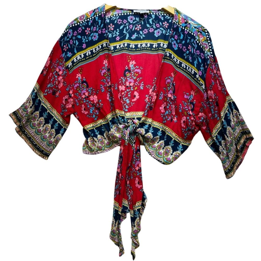 Patrons Of Peace Women's Crop Tie-Front Blouse Short Sleeve Sz M Red Blue Floral